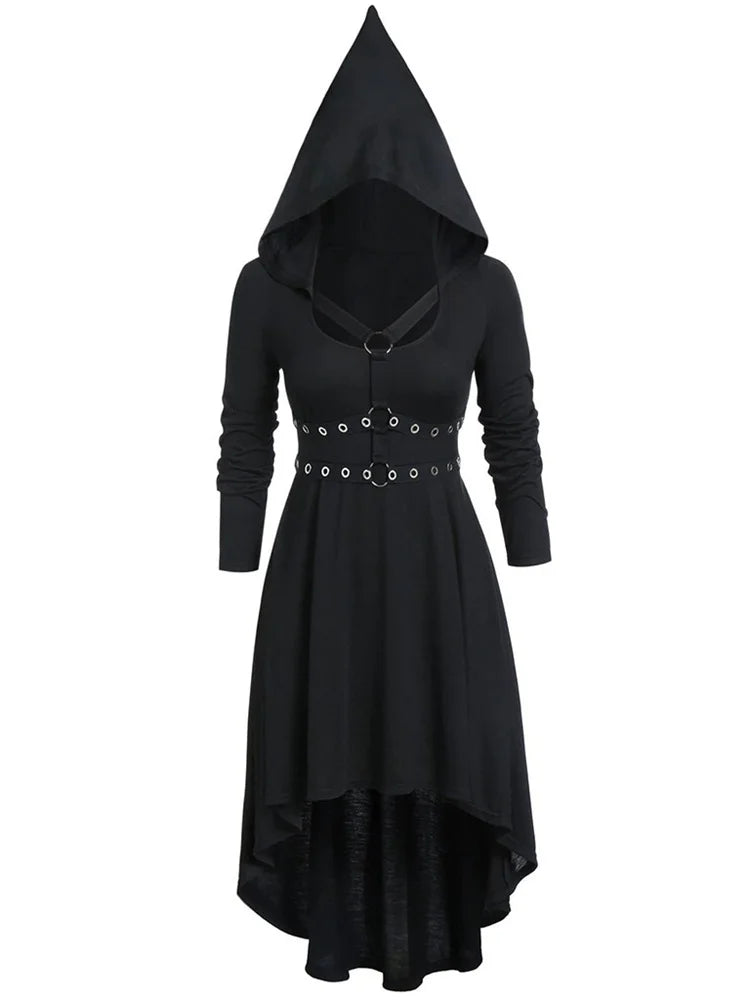 Gothic Dark Punk Black Medieval Hooded Dress