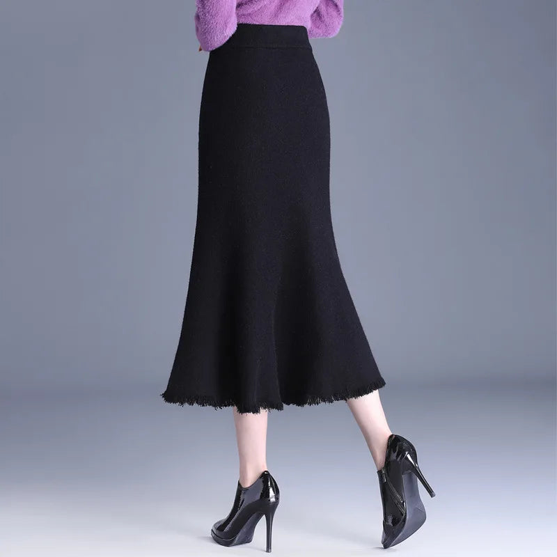 Elastic High Waist Knitting Wool Black Slim Fit