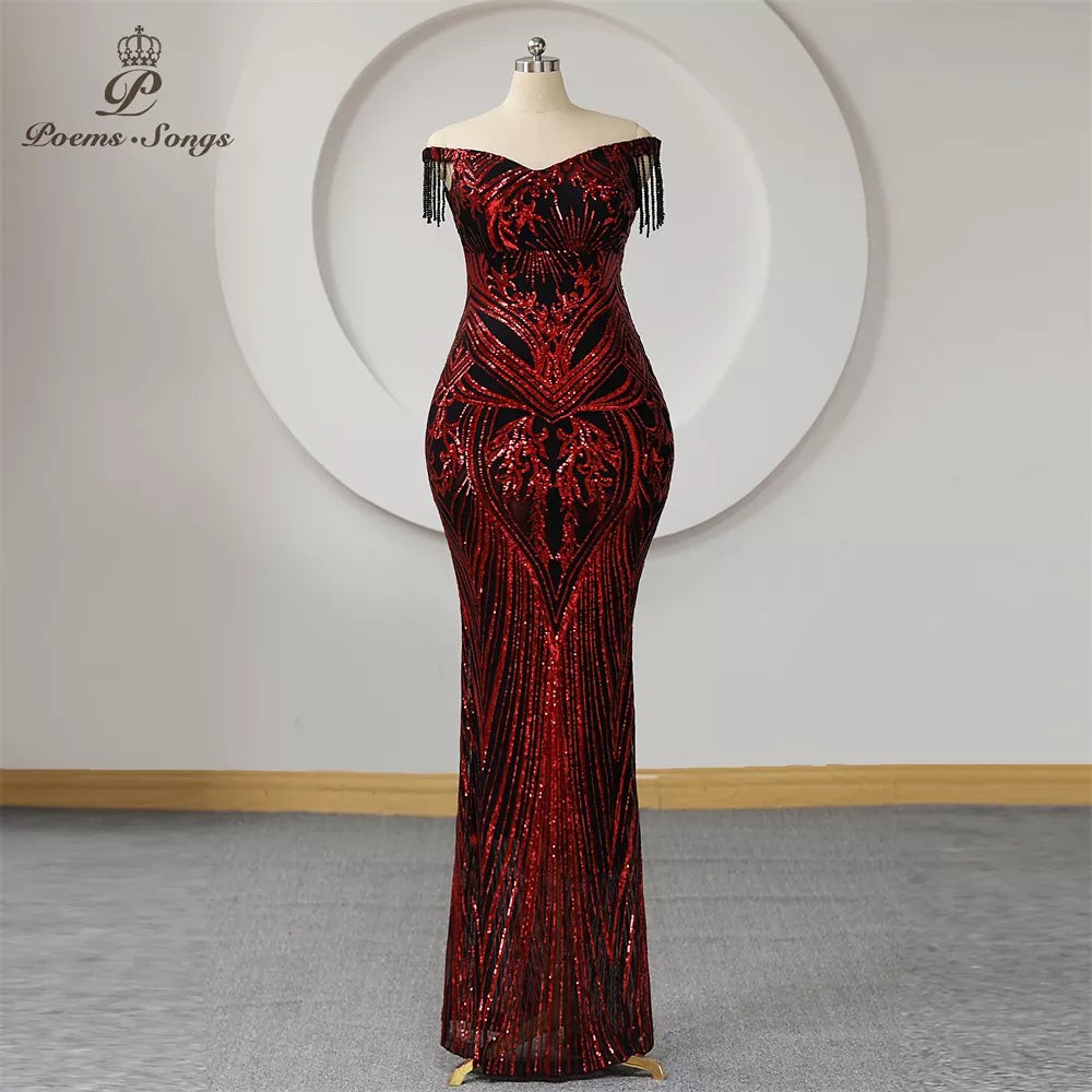 Burgundy Sequins Long Mermaid Evening Dress Beads Tassel Off Shoulder Plus Size Dress Women Prom Party Dresses Maxi dress