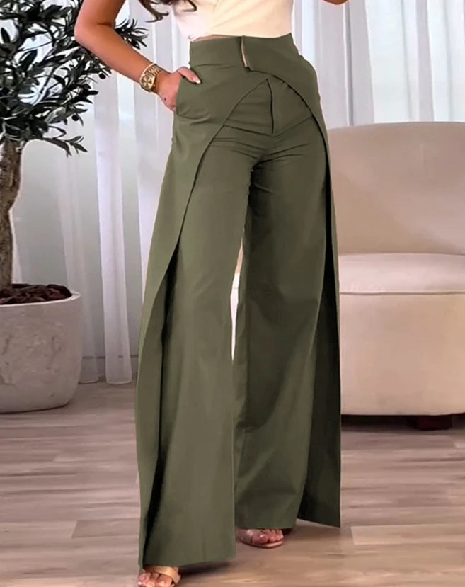 Pants Elegant High Waist Overlap Asymmetrical Wide Leg