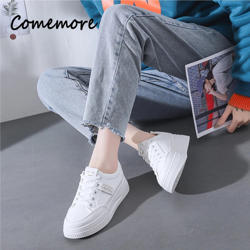 Comemore Vulcanized Shoes Fashion Lace-up Comfortable Casual Shoe Female Tennis Women's Autumn Footwear New Women White Sneakers