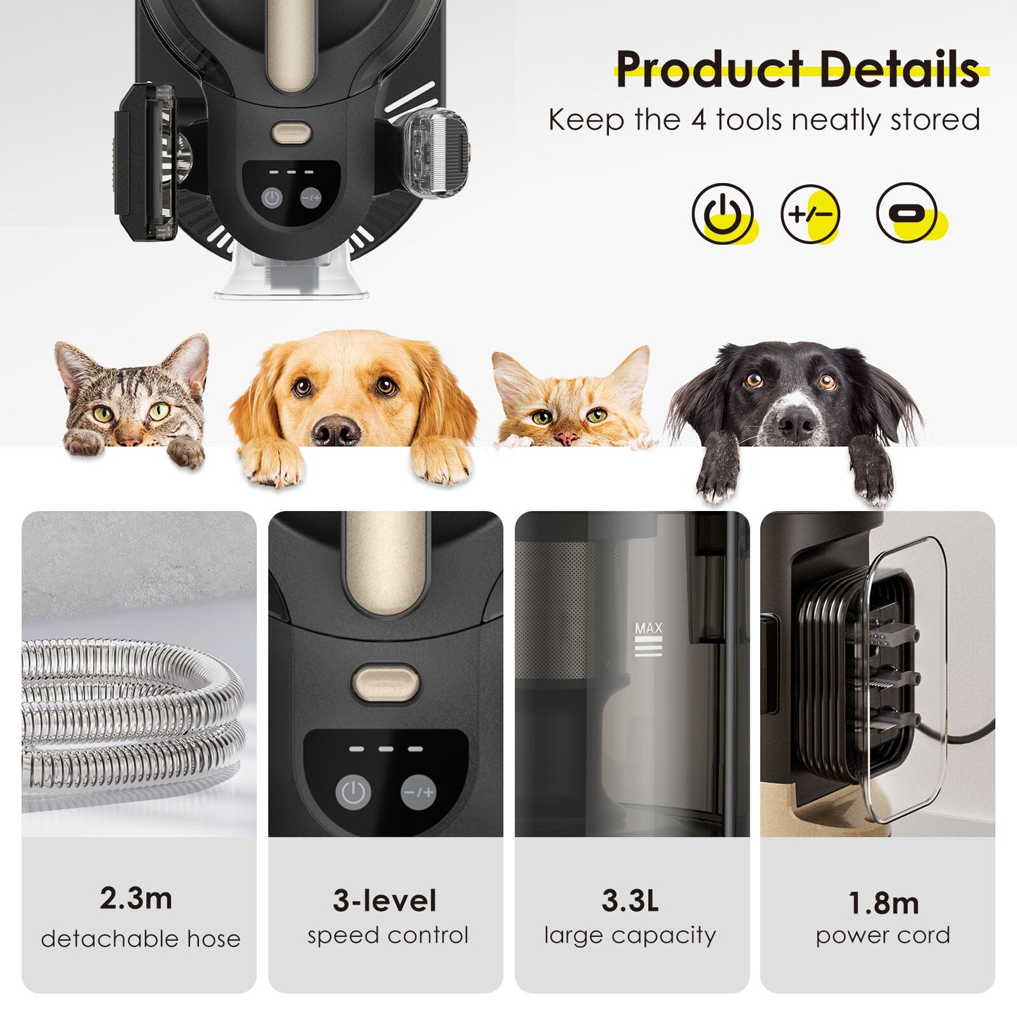 Pet Grooming Kit Vacuum Suction 99% Dog Clipper Hair Professional Grooming Clippers With 5 Grooming Tools For Cats And Animals