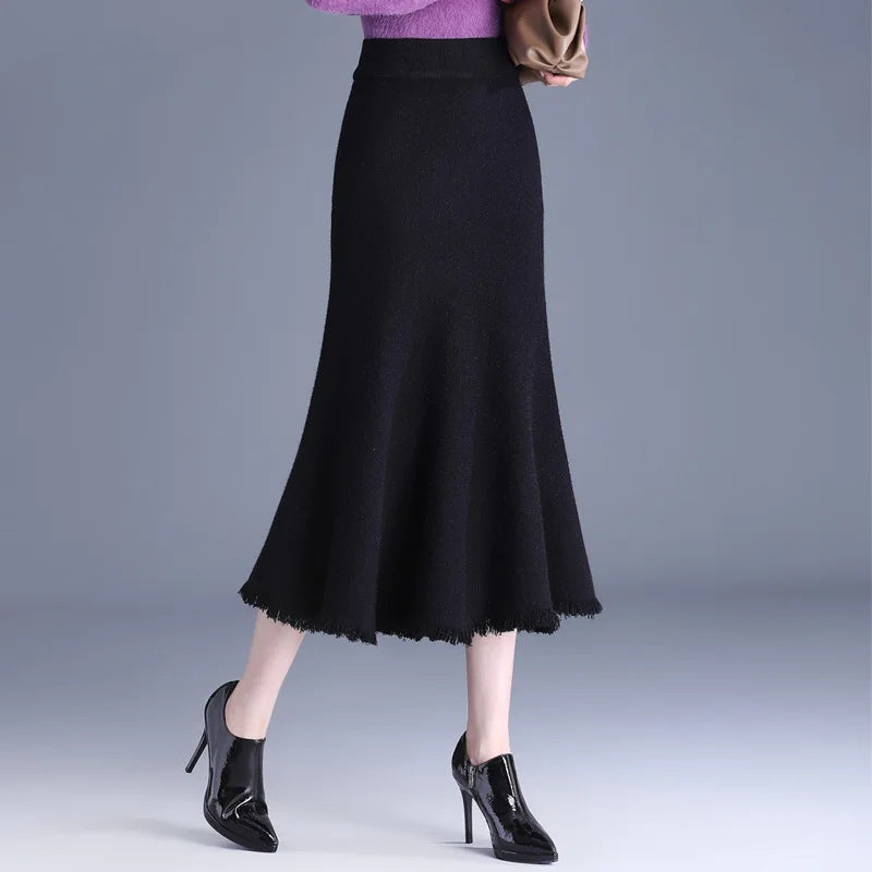 Elastic High Waist Knitting Wool Black Slim Fit