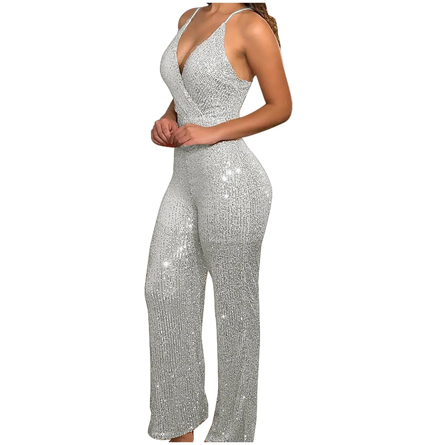 Elegant Sleeveless Sequined Glitter Shiny Jumpsuit