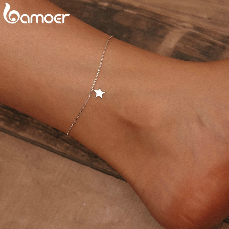 bamoer Simple Design Star Silver Anklet for Women Sterling Silver 925 Bracelet for Ankle and Leg Fashion Foot Jewelry SCT009