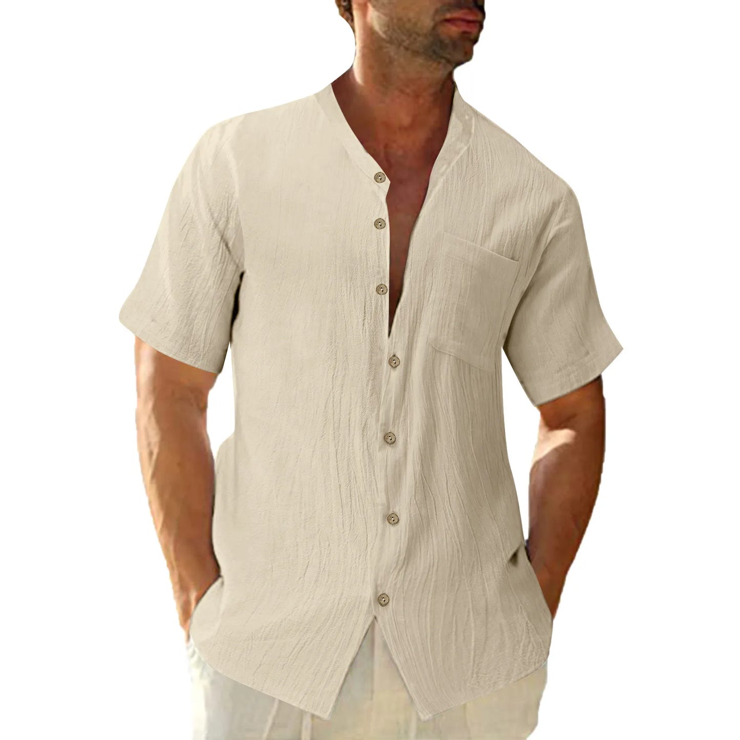 Mens Summer Blouse Casual Solid Color Pocket Single Breasted Cotton Linen Shirt Short Sleeve  Streetwear Tops футболка мужская