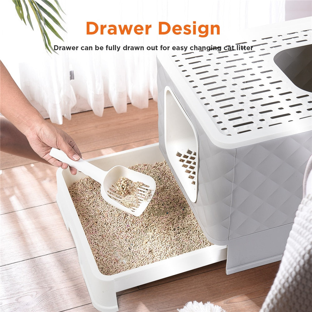 Foldable Cat Litter Box Large Pet Toilet+Cat Sand Shovel Easy Clean Leak-proof Enclosed - DJVWellnessandPets