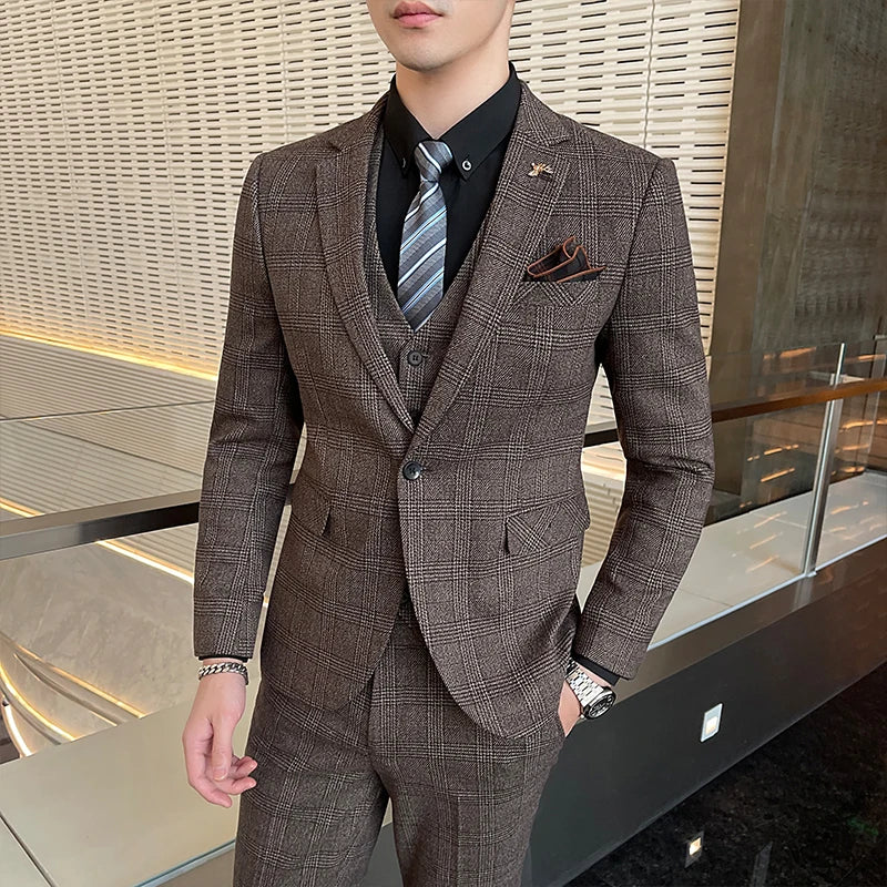 (Blazer+ Waistcoat + Trousers) High Quality Men Simple Business Elegant Fashion Job Interview Gentleman Suit Slim 3-piece Suit