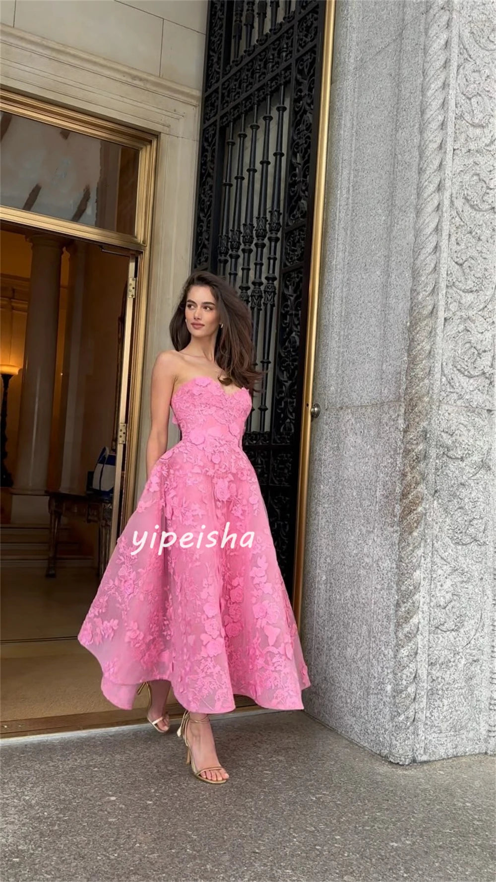 Saudi Arabia Lace Applique Party Prom Wedding Gown Evening Midi Dresses