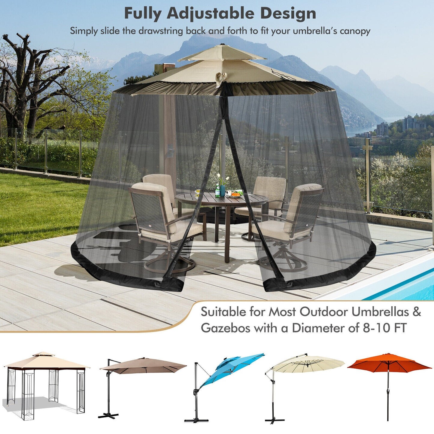 Patiojoy 8-12 FT Patio Umbrella Table Mesh Screen Cover Mosquito Bug Insect Netting Black