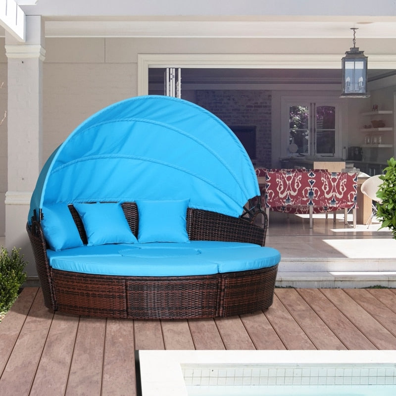 Blue 4-Piece Rattan Patio Furniture Set,Sunbed with Adjustable Sun Canopy, Sectional Sofa, 2 Chairs, Table, 3 Pillows - DJVWellnessandPets