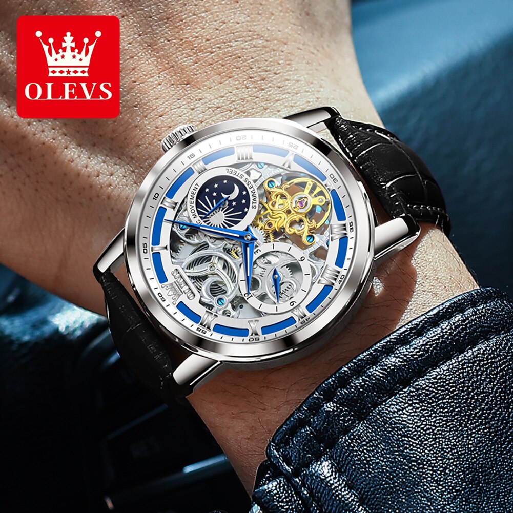 OLEVS New Mens Luxury Skeleton Automatic Mechanical Wrist Watches Waterproof Leather Moon Phrase Luminous Hands Self-Wind Watch