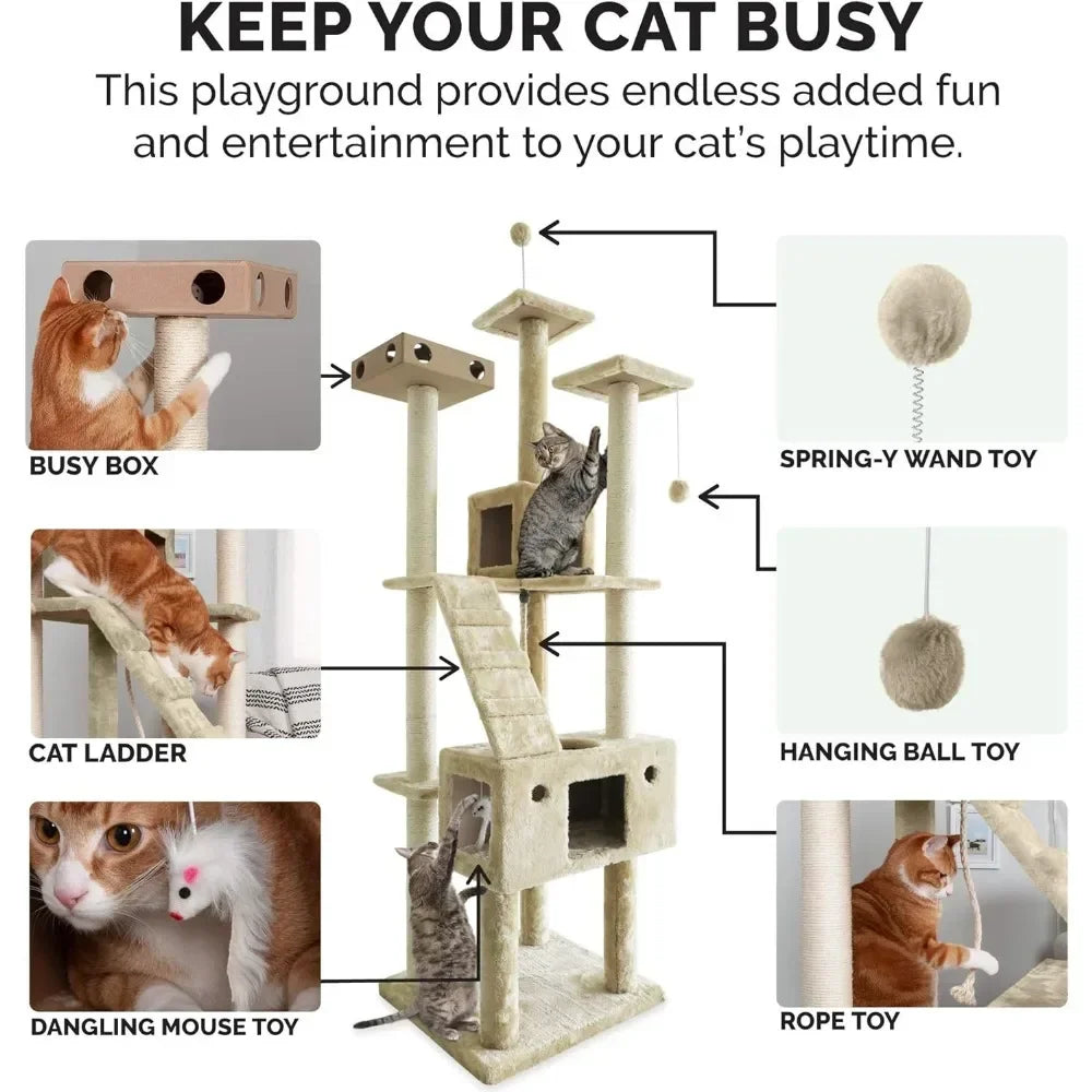 69.3" Tall Cat Tree for Indoor Cats, Ft. Sisal Scratching Posts, 2x Cat Condos, & Toys