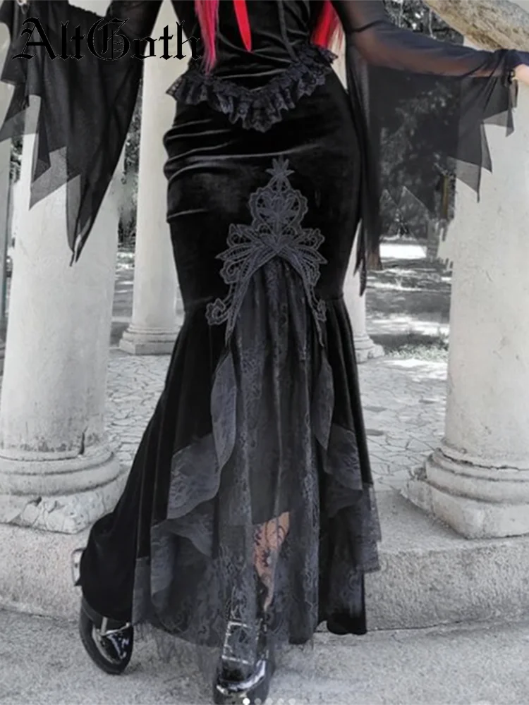 AltGoth Vintage Gothic Dark Velvet Dress Women