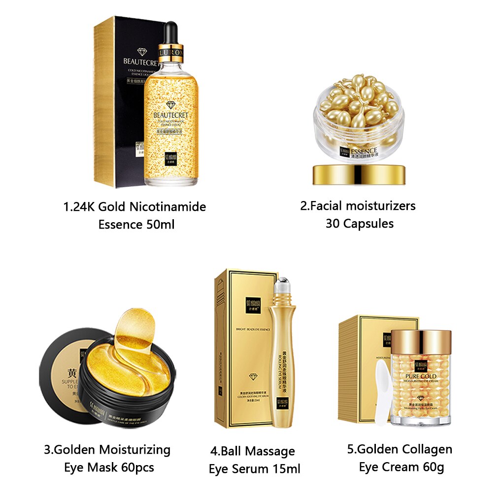 24K Gold Skincare Set Nicotinamide Face Essence Fade Dark Eye Circles Collagen Eye Cream Firming Skin Eye Mask Face Care Kit - DJVWellnessandPets