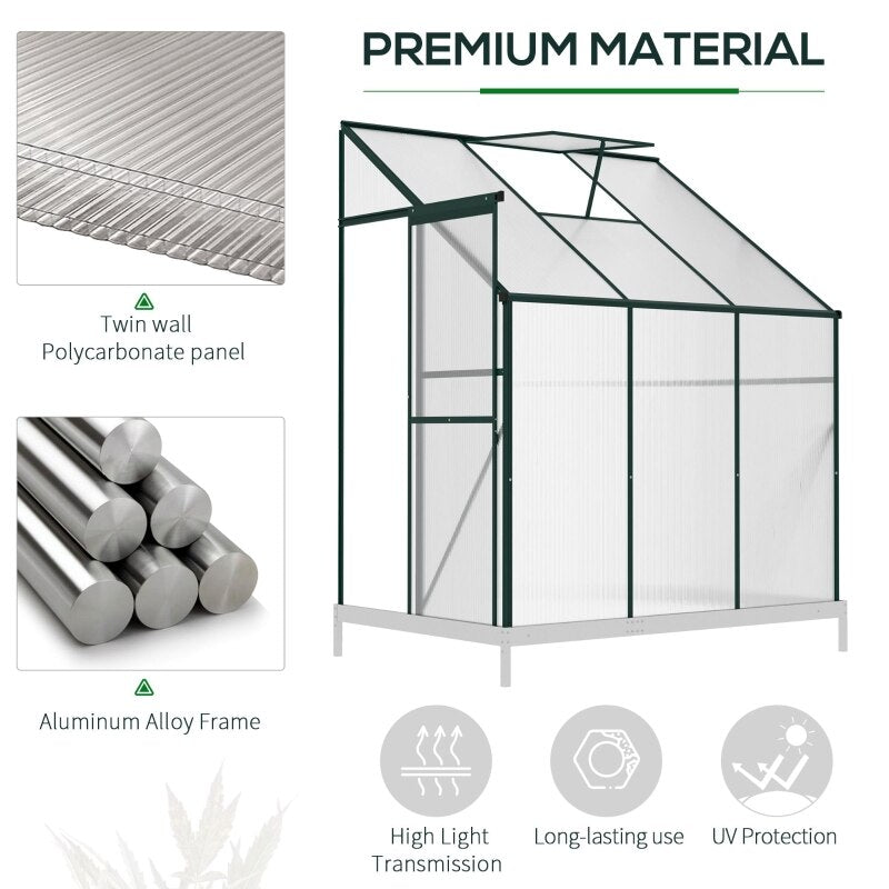 6&#39; x 4&#39; x 7&#39; Lean-to Greenhouse Walk-in Garden Aluminum Polycarbonate with Roof Vent for Plants Herbs Vegetables, Green - DJVWellnessandPets