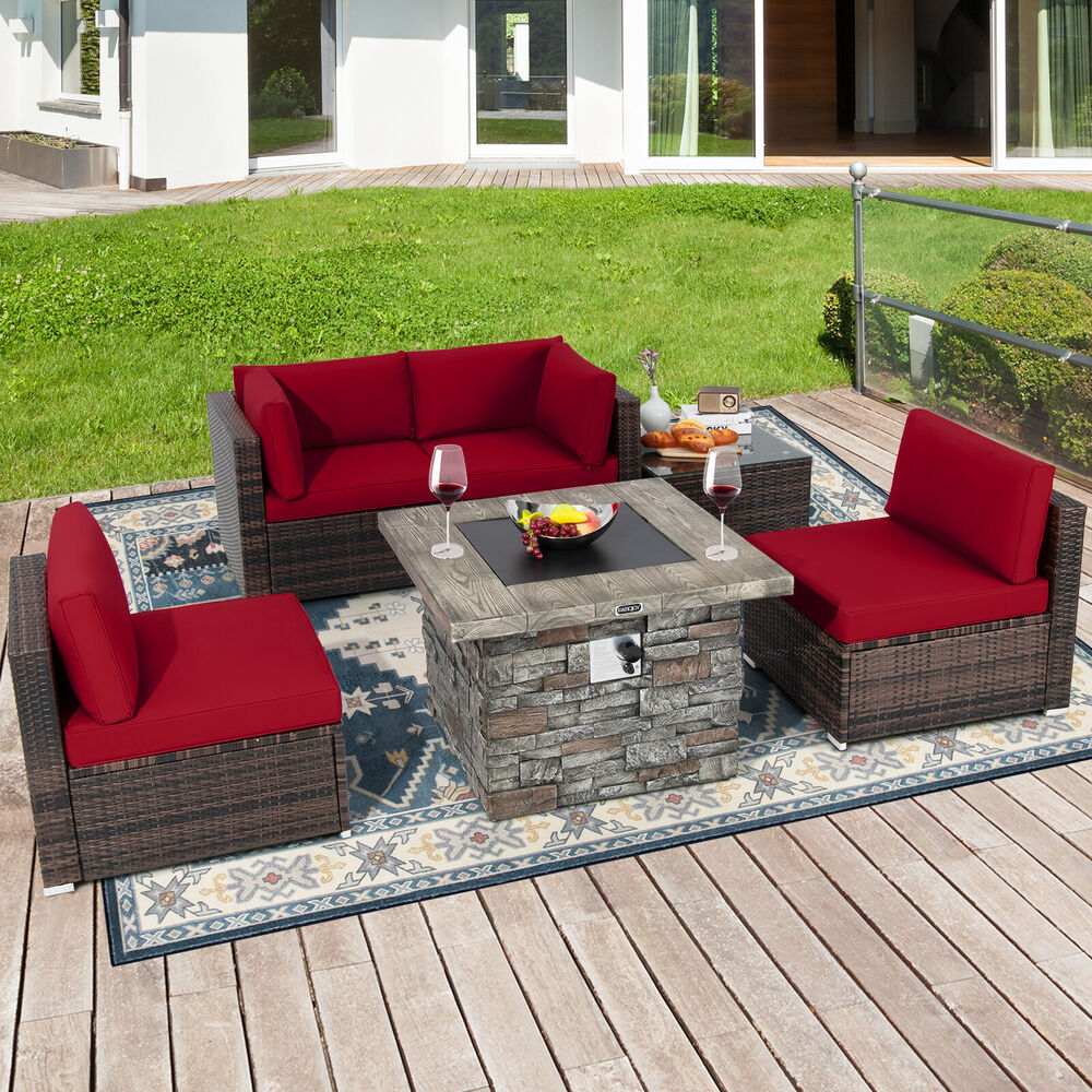 Patiojoy 6 PCS Patio Wicker Furniture Set 34.5&quot; Fire Pit Table W/Cover Red