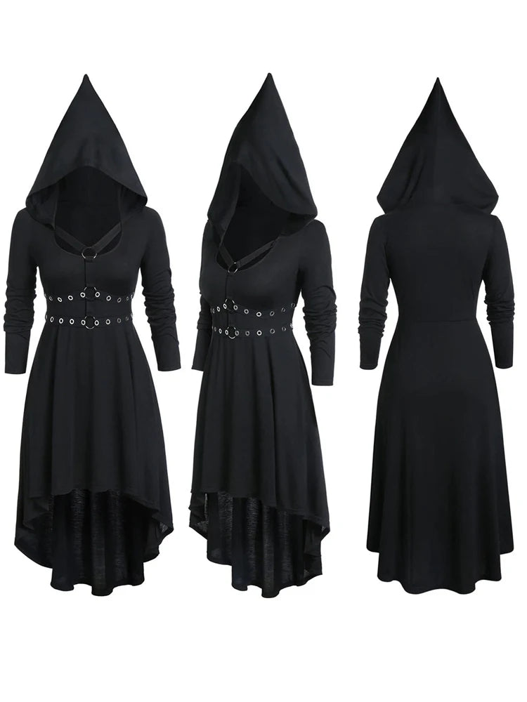 Gothic Dark Punk Black Medieval Hooded Dress