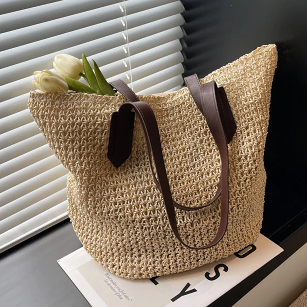 Luxury Design Straw Woven Tote Bags Summer Casual Large Capacity Handbags Bucket Basket Beach Bags Women Shoulder Shopping Bags