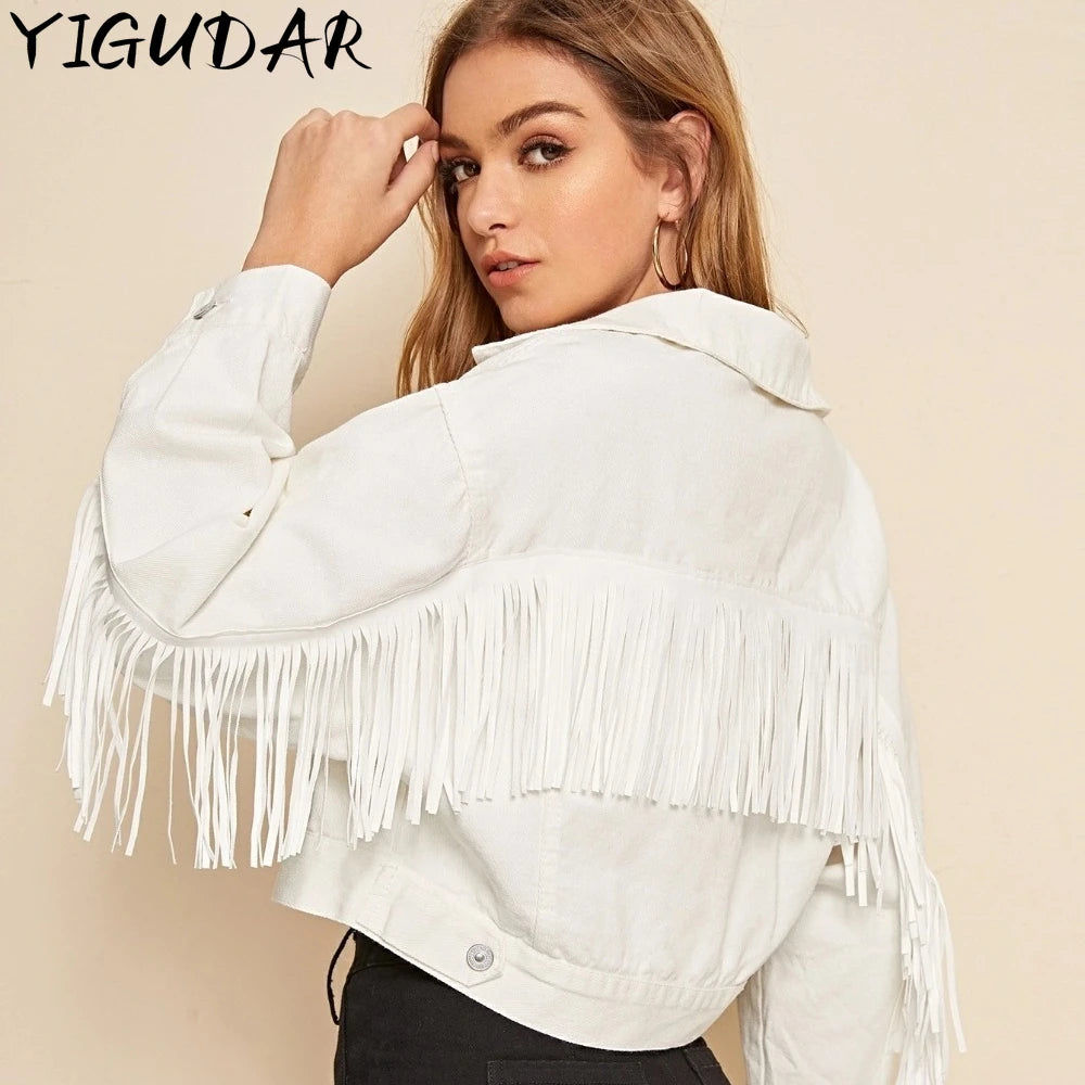 Jacket  Tassel Spliced Denim Jacket Long Sleeved Vintage