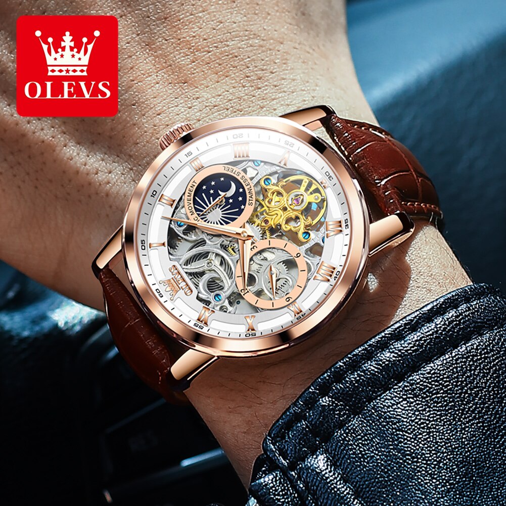 OLEVS New Mens Luxury Skeleton Automatic Mechanical Wrist Watches Waterproof Leather Moon Phrase Luminous Hands Self-Wind Watch