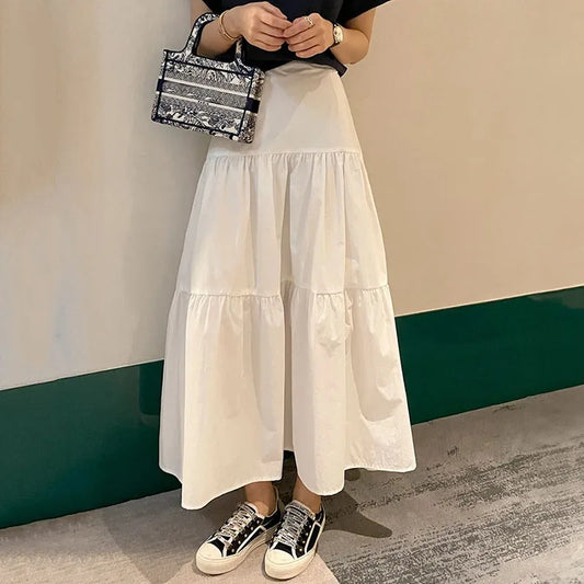 Women's Low Rise Tiered Midi Skirt White Cotton