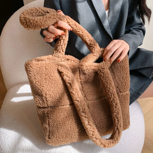 Winter Lambswool Underarm Bag Women Faux Fur Square Tote Bag 2023 Plush Large Shoulder Bag Grain Lamb Wool Shopper Furry Handbag