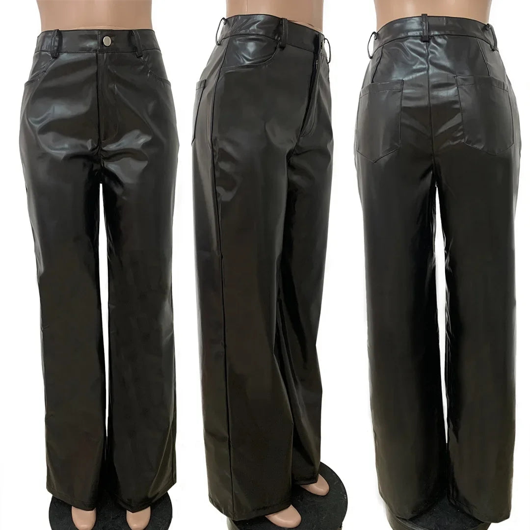 CM.YAYA Women Faux Leather Pu Black High Waist Straight Trousers