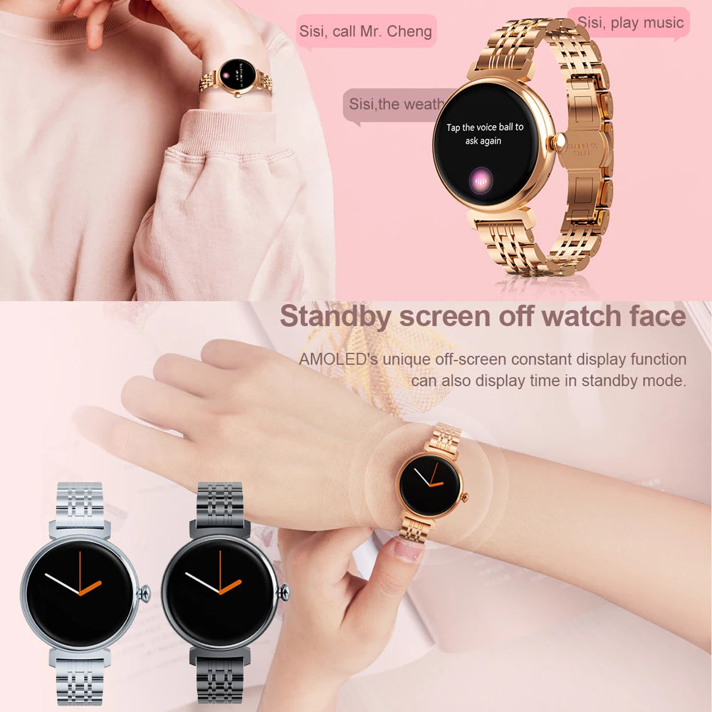 AMOLED Small Screen Fashion Women Smart Watch 454*454 HD Pixel Screen Always Show Time Bluetooth Call Smartwatch Metal Body 2023