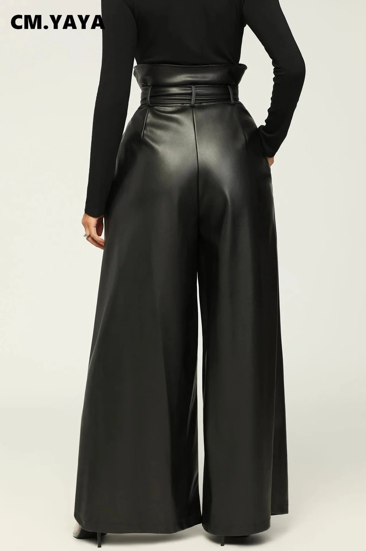 Fashion Faux Leather High Waist with Sashes Wide Leg Loose Pants