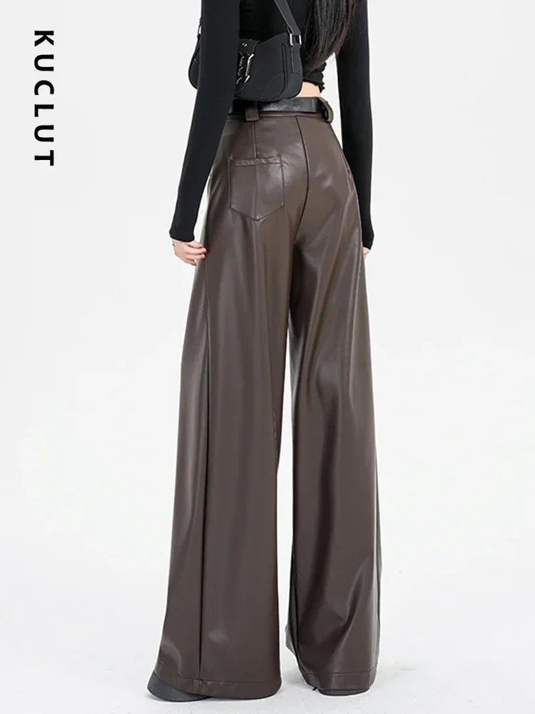 KUCLUT Faux Leather Pants High Waisted Velvet Casual Loose