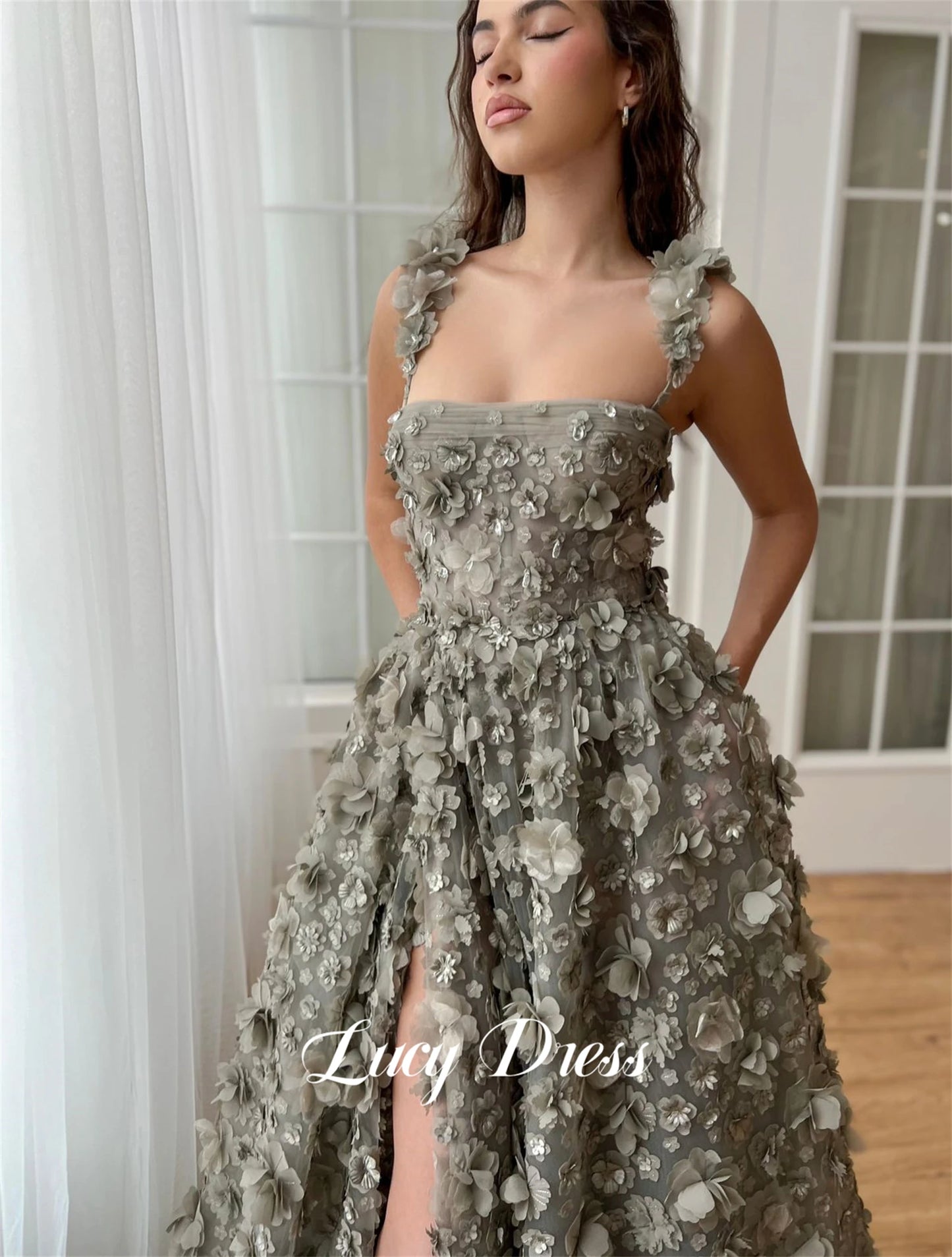 Lucy Ball Gown Grey Line A Three-dimensional Flower Fabric