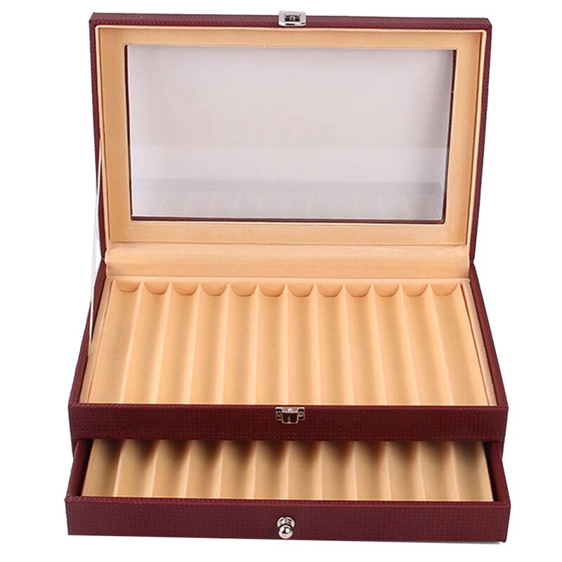 24 Slots Wooden Pen Display Storage Box Luxury 2 Layer PU Pen Case Fountain Pen-Collector Jewelry Organizer