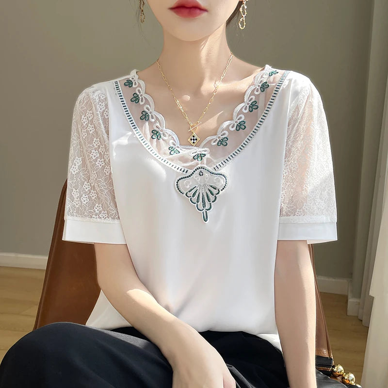 Spring/Summer Elastic Satin V-neck Lace Plus Size Shirt