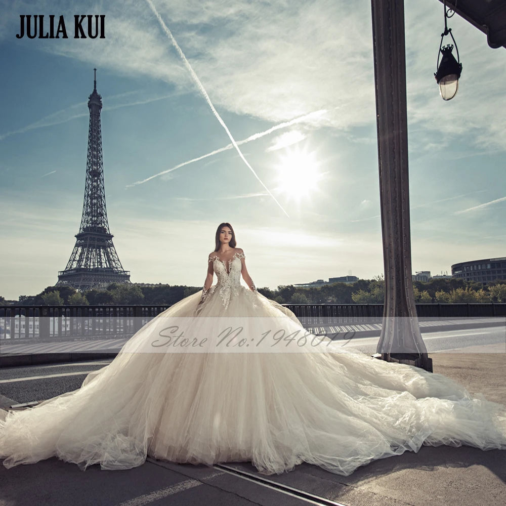 Julia Kui Graceful Tulle Beading Pearl Appliques Full Sleeves