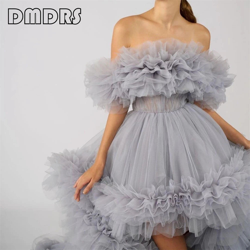 High Low Tulle Prom Dress Off Shoulder Ruffles Ball Gowns for Photoshoot