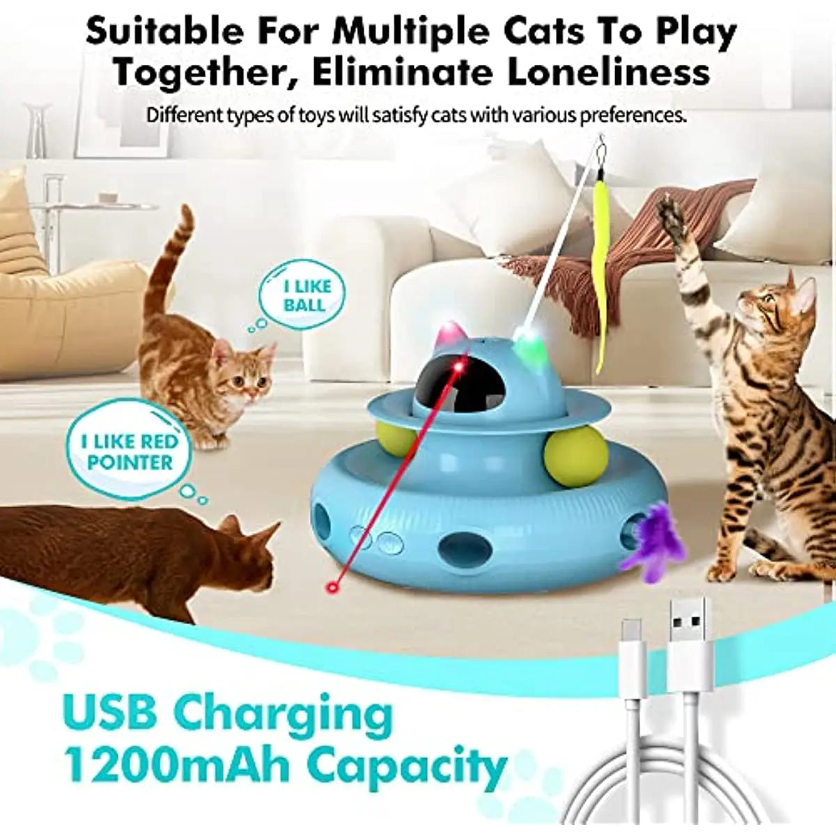 ATUBAN Cat Toys Interactive, Cat Light Toy and Cat Feather Toys 4 in 1, Recharge Cat Exercise Toys for Indoor Cats Automatic