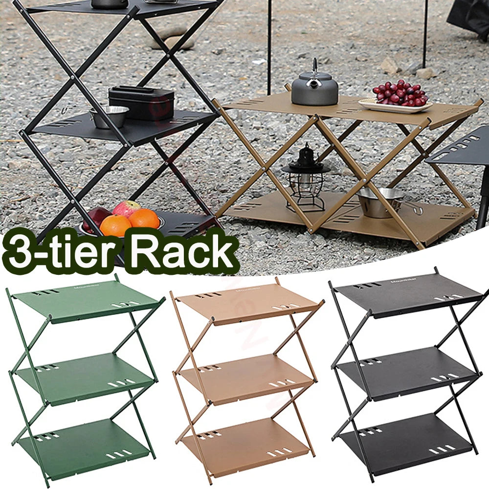 Three-tier Rack Outdoor Storage Shelf Portable Aluminum Alloy Folding Shelf with Storage Bag Camping Picnic BBQ Storage Rack