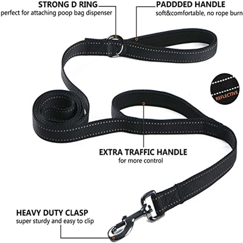 Dual Handle Dog Leash Reflective Padded Dog Leash Heavy Duty Lead Rope For Small Large Dogs Outdoors Trainning Running Pet Leash