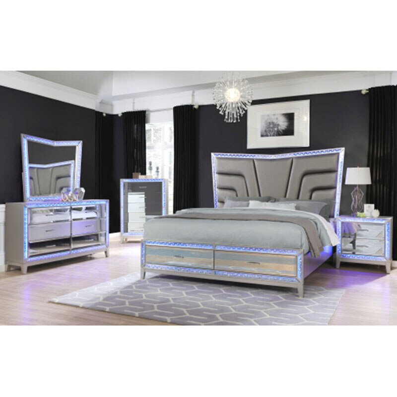 Bedroom Furniture Set Luxury 5 Pc Queen Bed Silver Nightstand  Dresser Chest Cabinet Cupboard Forcer  with Led - DJVWellnessandPets