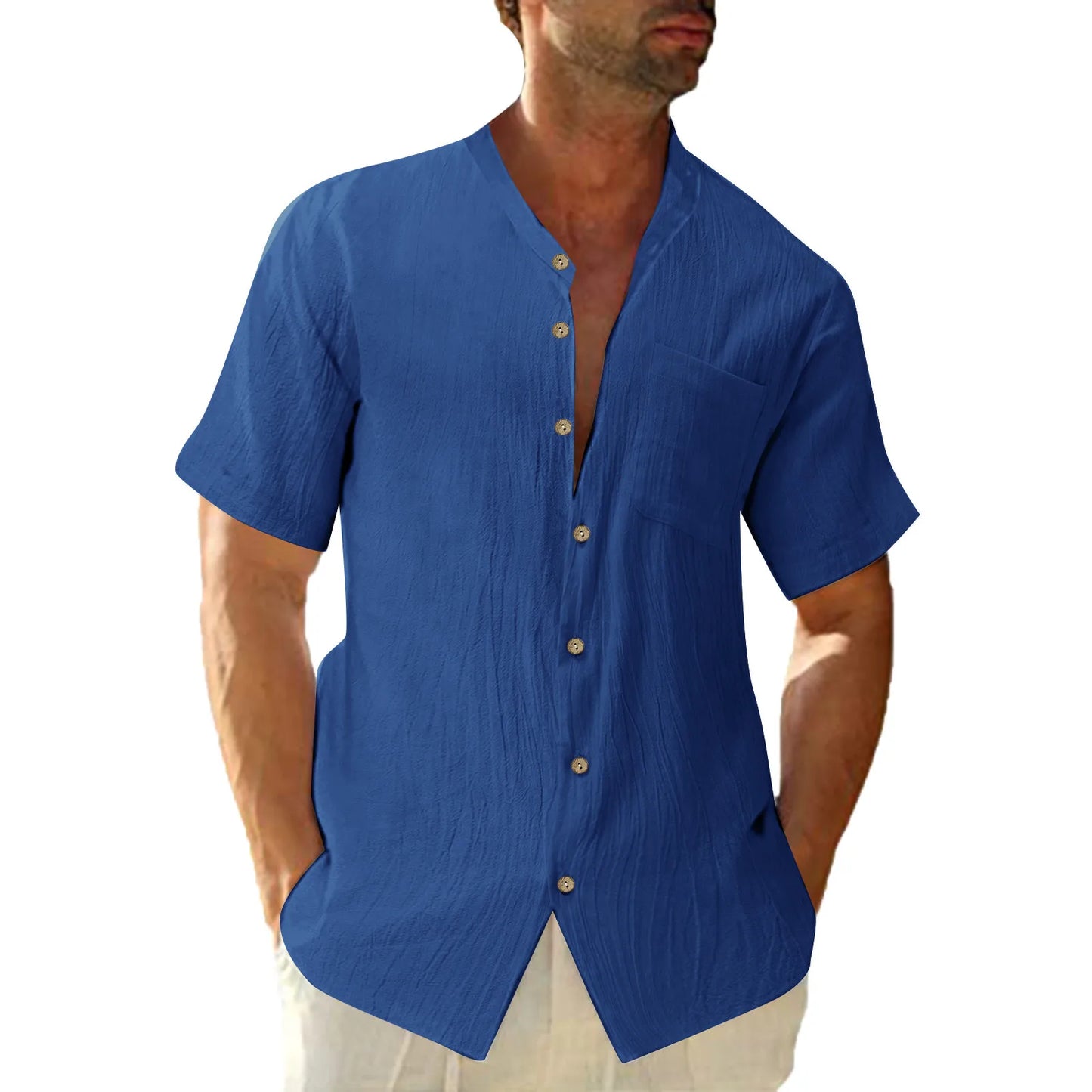 Mens Summer Blouse Casual Solid Color Pocket Single Breasted Cotton Linen Shirt Short Sleeve  Streetwear Tops футболка мужская