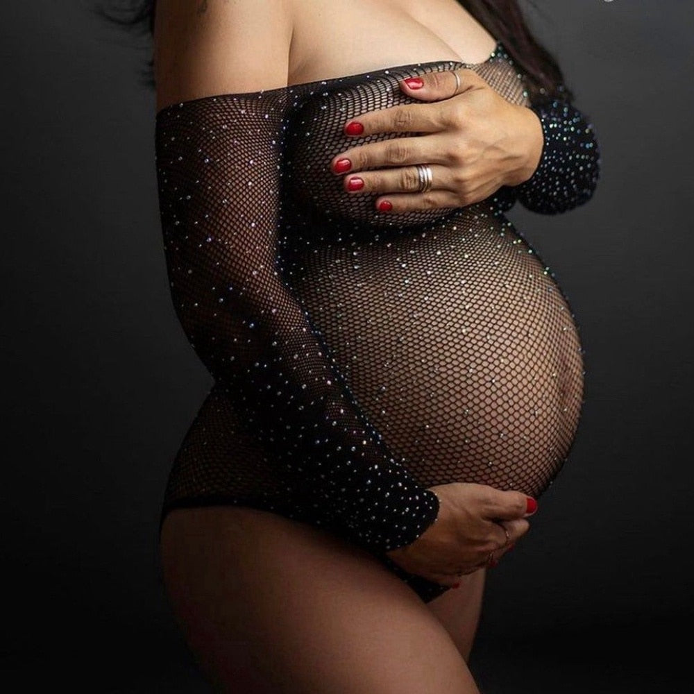 Bodysuit Rhinestones Maternity Photo Shoot Women One Size Sexy Clothes Black Gown For Pregnant Studio Accessories Body Outfit