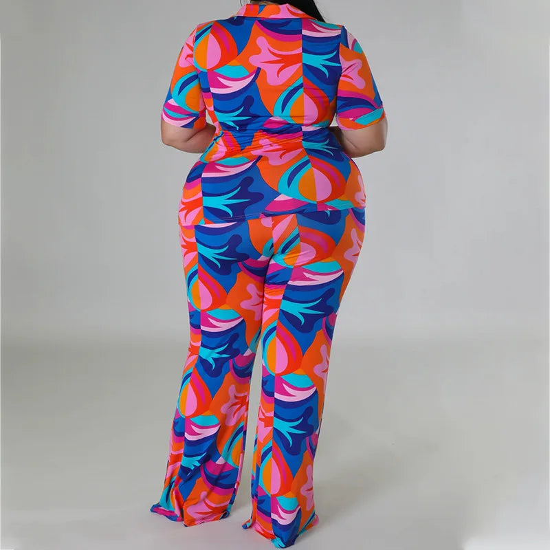 Plus Size Printed Curved Two Piece Set Single Breasted