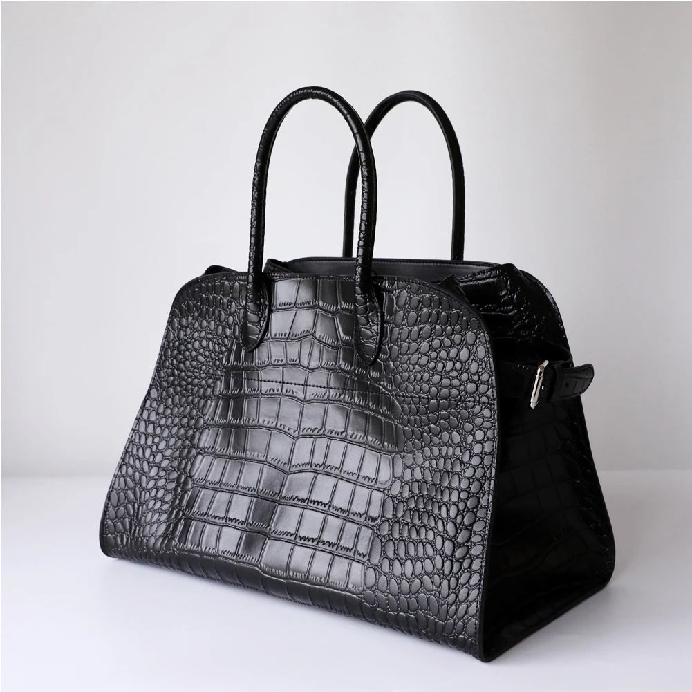Genuine Leather Boston Bag for Women Margaux 15 Big Capacity Classic Handbag High Quality Cowhide Retro Shoulder Bag Solid Totes