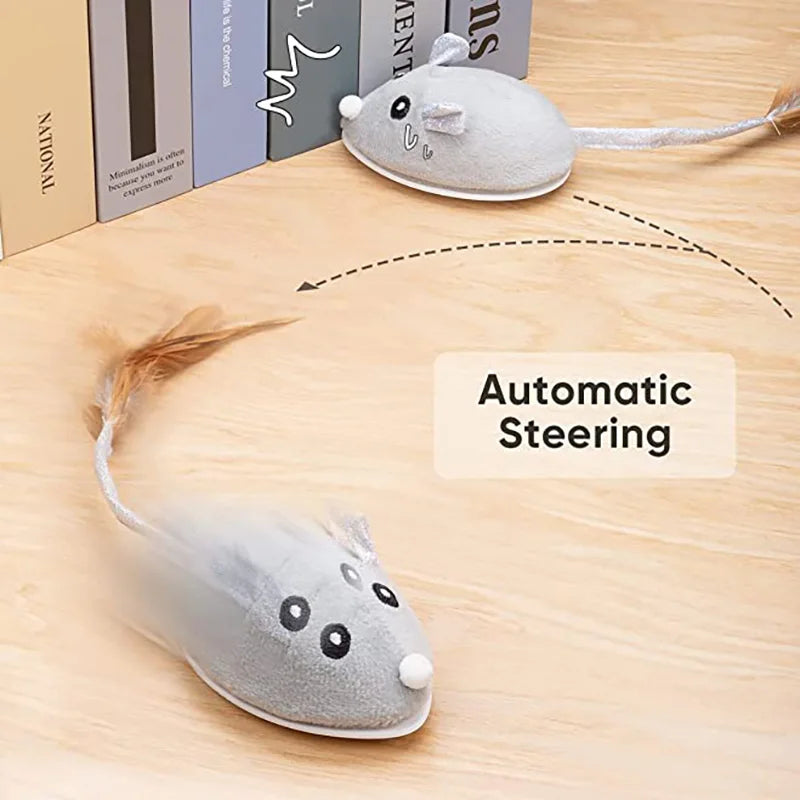 Interactive Cat Toy Automatic Mouse with Feather Tail Kitty with USB Charging Pet Exercise with LED Lights Smart Electric Robot