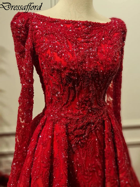 Red Long Sleeve Dubai Evening Dress Prom Formal Party Wear Gown