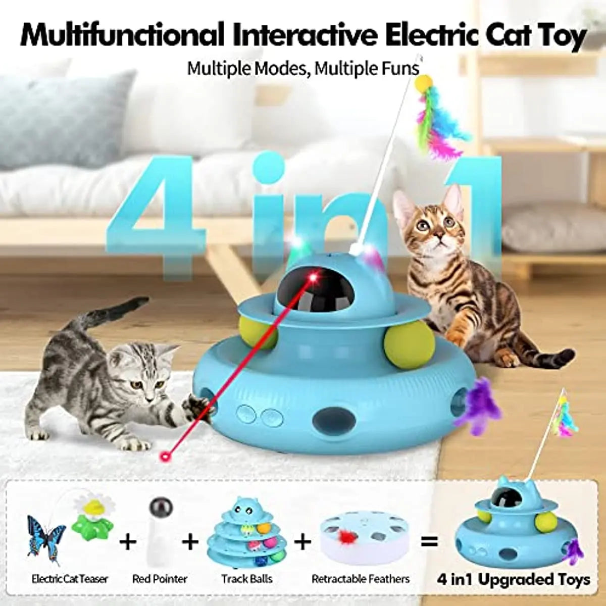 ATUBAN Cat Toys Interactive, Cat Light Toy and Cat Feather Toys 4 in 1, Recharge Cat Exercise Toys for Indoor Cats Automatic