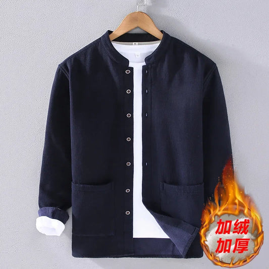 Cotton Linen Jacket Men Fleece Stand-up Collar Pocket