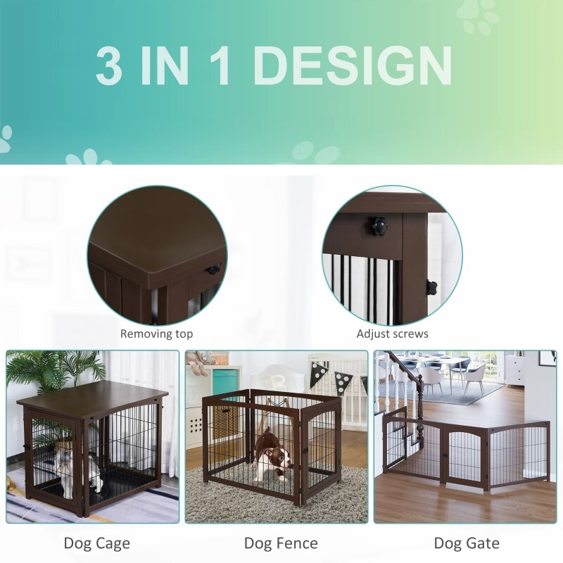 Wooden Decorative Dog Cage Pet Crate Fence Side Table Small Animal House with Tabletop, Lockable Door - Brown