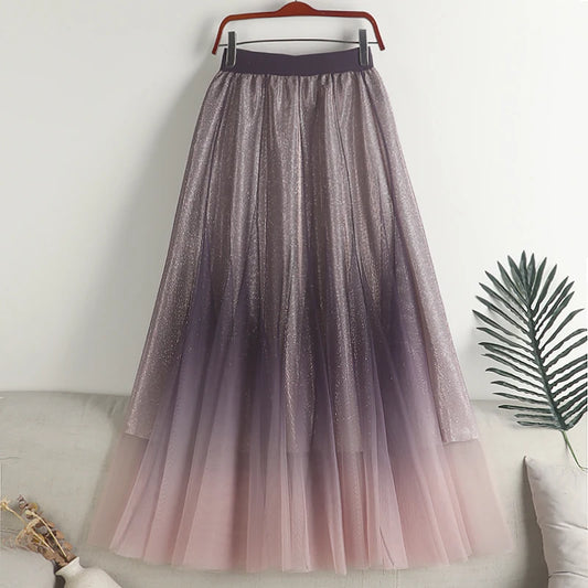 High-Waisted Skirts Women Shiny Mesh Skirts Women Sweet